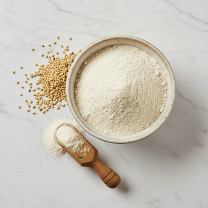 Organic Moraiya Flour in a bowl with raw seeds, ideal for gluten-free recipes and healthy cooking