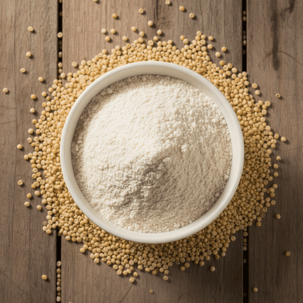Organic Moraiya Flour in a white bowl surrounded by whole Moraiya seeds on a wooden surface