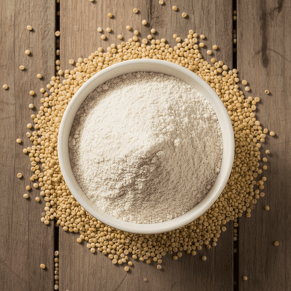 Organic Moraiya Flour in a white bowl surrounded by whole Moraiya seeds on a wooden surface