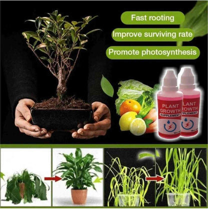 Organic plant growth enhancer bottles with plants showing fast rooting and improved survival rates