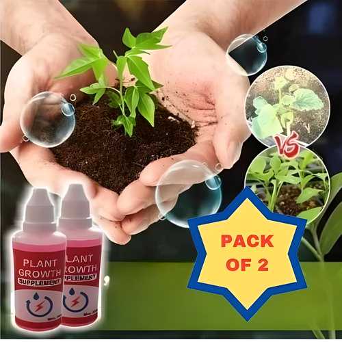 Pack of 2 organic plant growth enhancer bottles with hands holding a young plant in soil