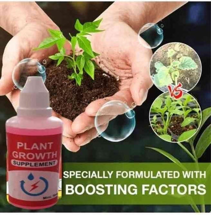 Organic plant growth enhancer bottle with hands holding a young plant and leafy seedlings