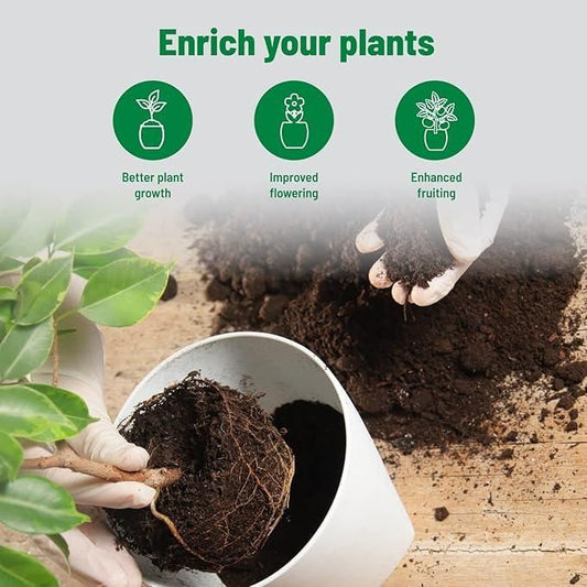 Organic potting mix in use, promoting better growth, flowering, and fruiting for plants