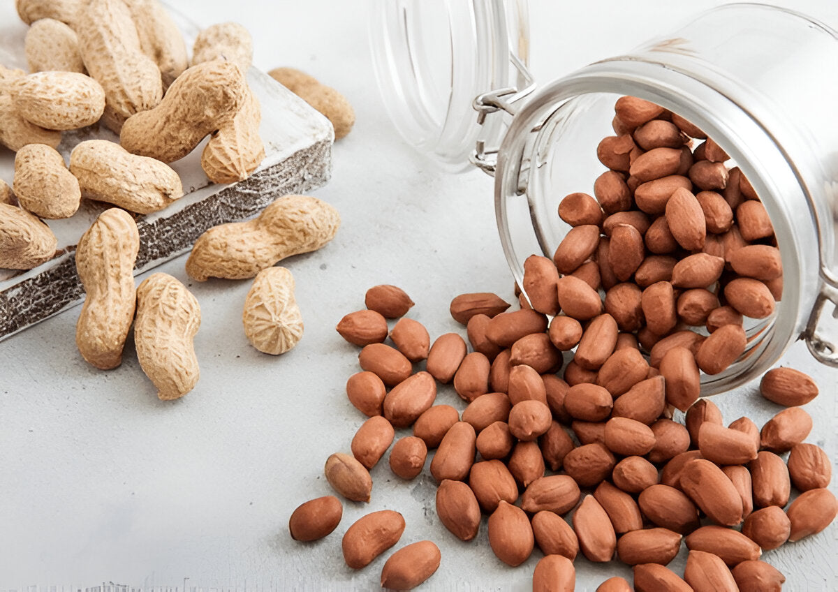 THE GIR FARMER organic raw peanuts spilling from glass jar with peanuts in shells nearby