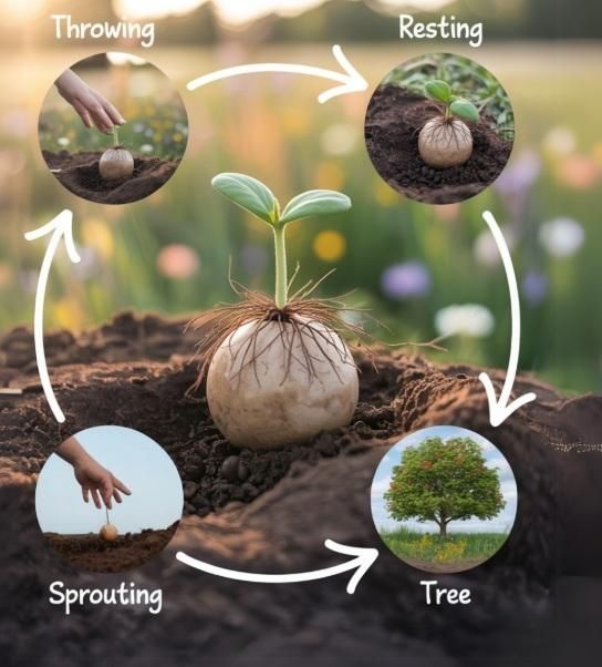 Step-by-step growth cycle of organic seedballs pack from throwing, resting, sprouting to tree growth in soil