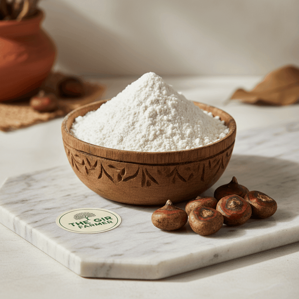 Organic Singoda Flour in a wooden bowl with water chestnuts beside it, perfect for gluten-free recipes