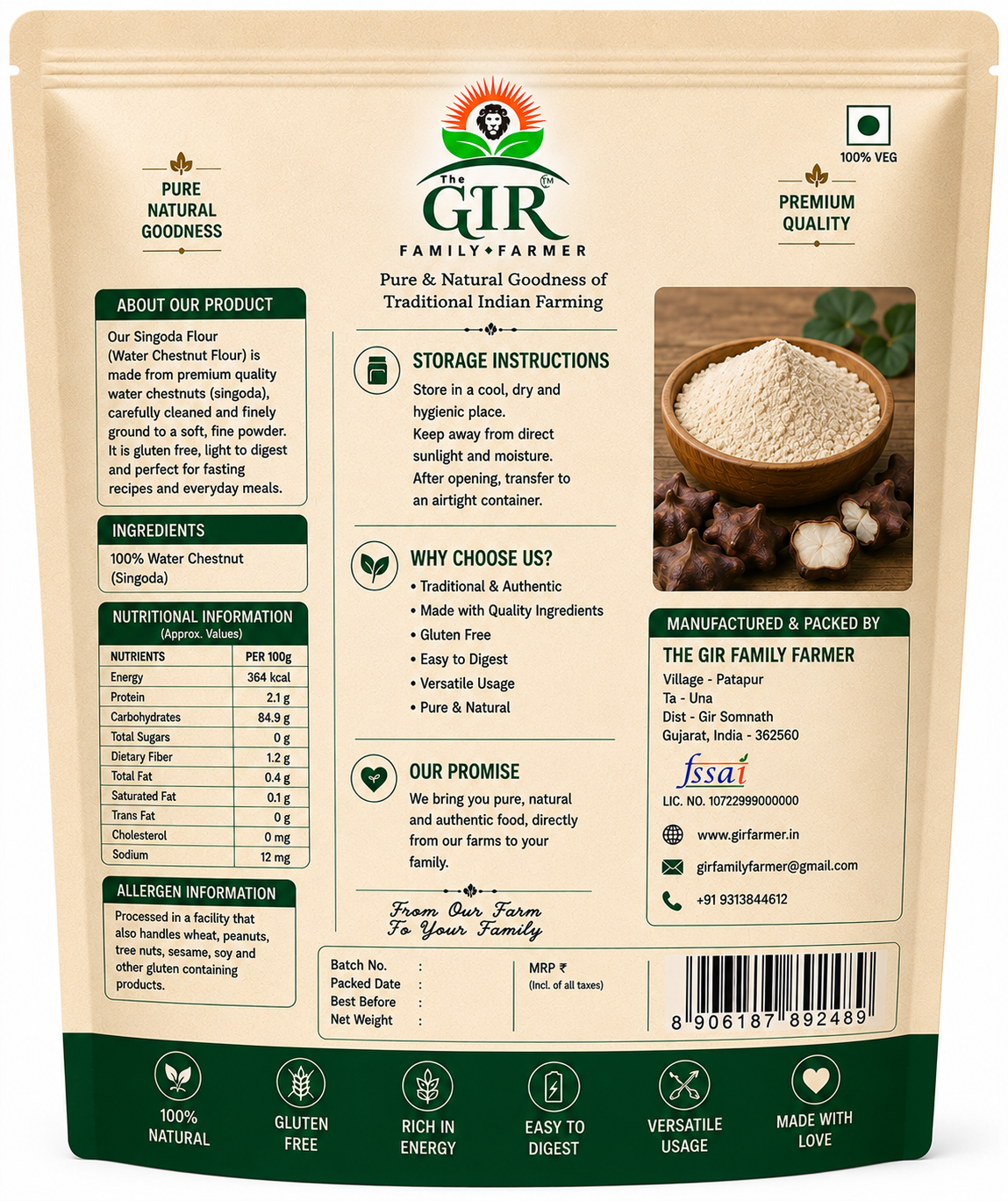 Organic Singoda Flour in a 1kg package, ideal for gluten-free cooking and traditional Indian recipes