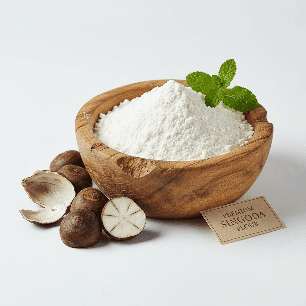 Organic Singoda Flour in a wooden bowl with fresh mint, ideal for gluten-free baking and cooking