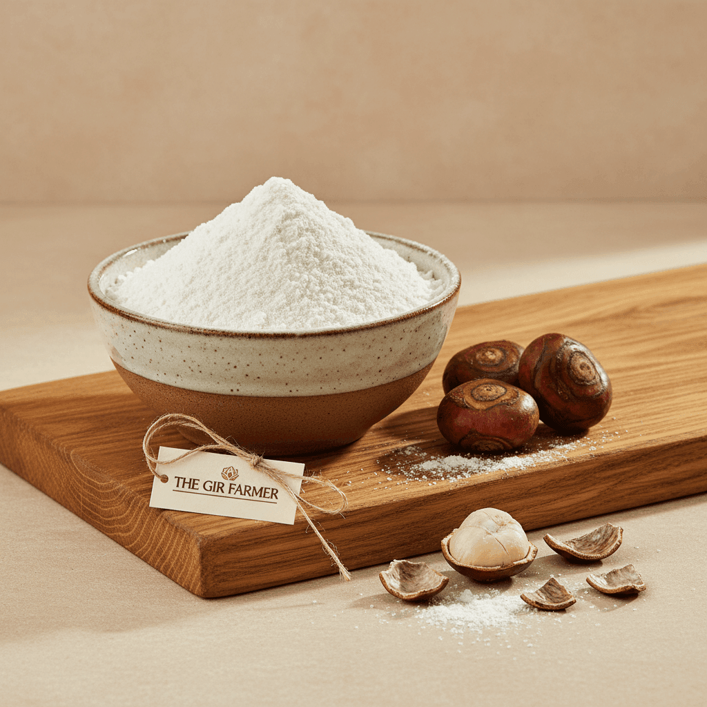 Organic Singoda Flour in a bowl on a wooden board with chestnuts for gluten-free recipes