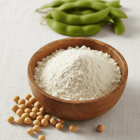 Bowl of white Organic Soyabean Flour with raw soybeans and green pods for healthy cooking