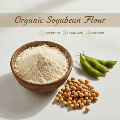 Organic Soyabean Flour in a wooden bowl with soybeans and fresh green pods, high protein and fiber-rich