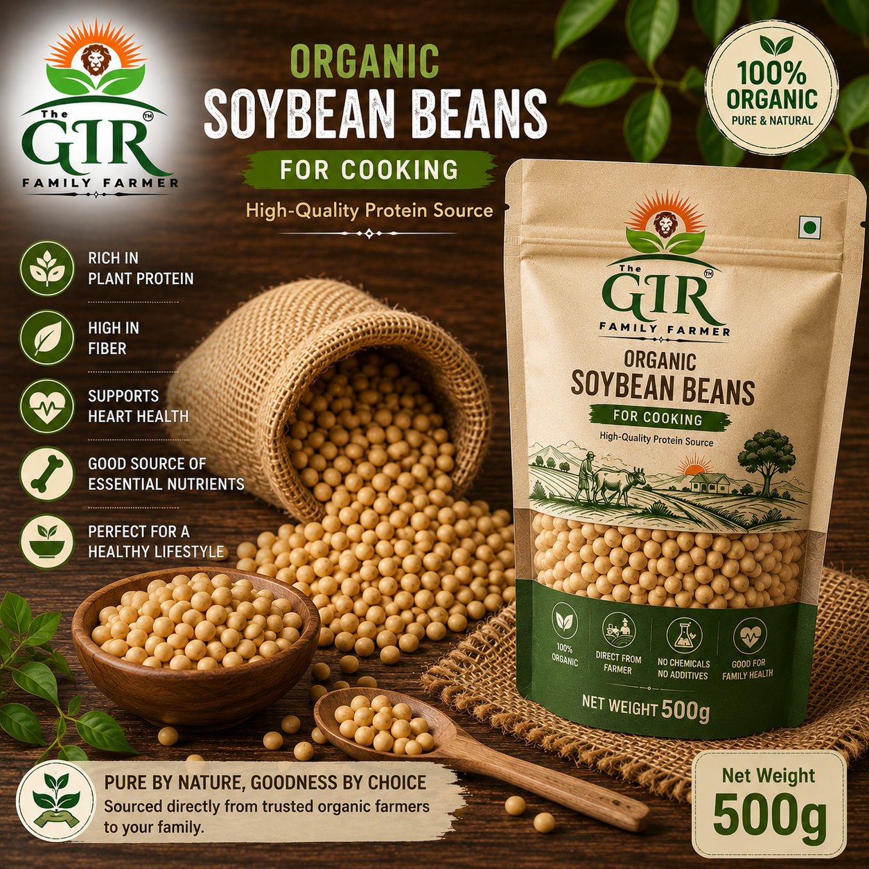 THE GIR FARMER Organic Soybean Beans for cooking, rich in protein and fiber, in a 500g eco-friendly package