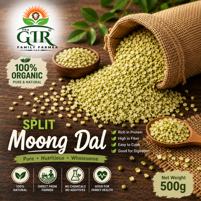 Organic split moong dal in a woven basket, rich in protein and easy to cook for wholesome meals