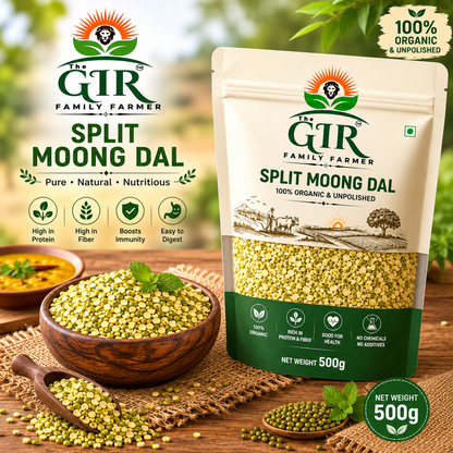 THE GIR FARMER Organic Split Moong Dal in a 500g pouch, nutritious and easy to digest, perfect for healthy meals.