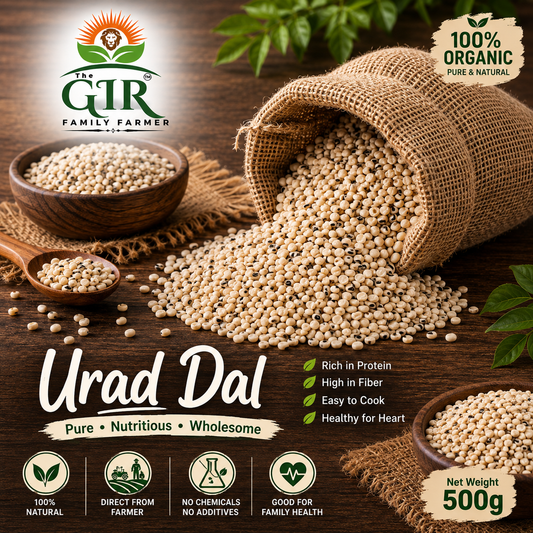 500g bag of Organic Urad Dal in a natural jute sack, rich in protein and fiber for healthy cooking