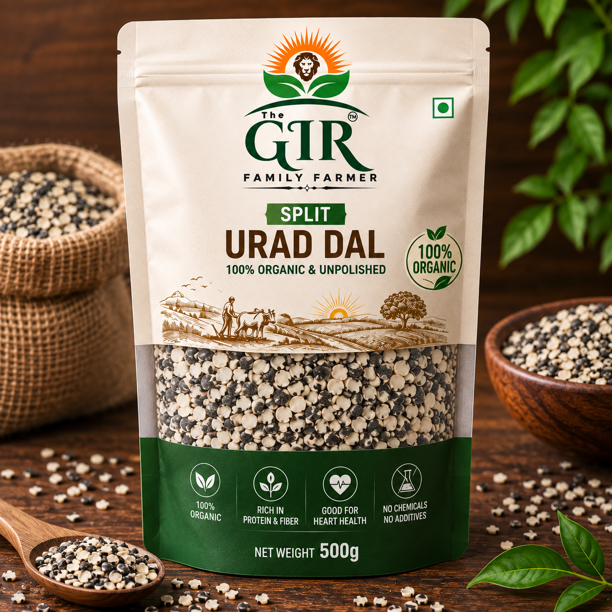 The Gir Farmer Organic Urad Dal in 500g pack, rich in protein and great for heart health