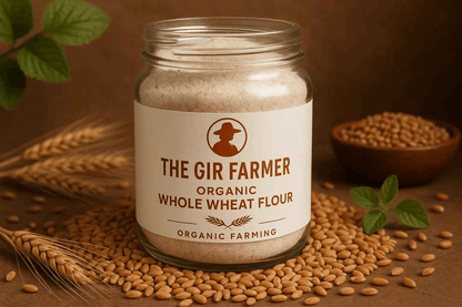 THE GIR FARMER Organic Whole Wheat Flour in a glass jar with wheat grains and leaves surrounding it