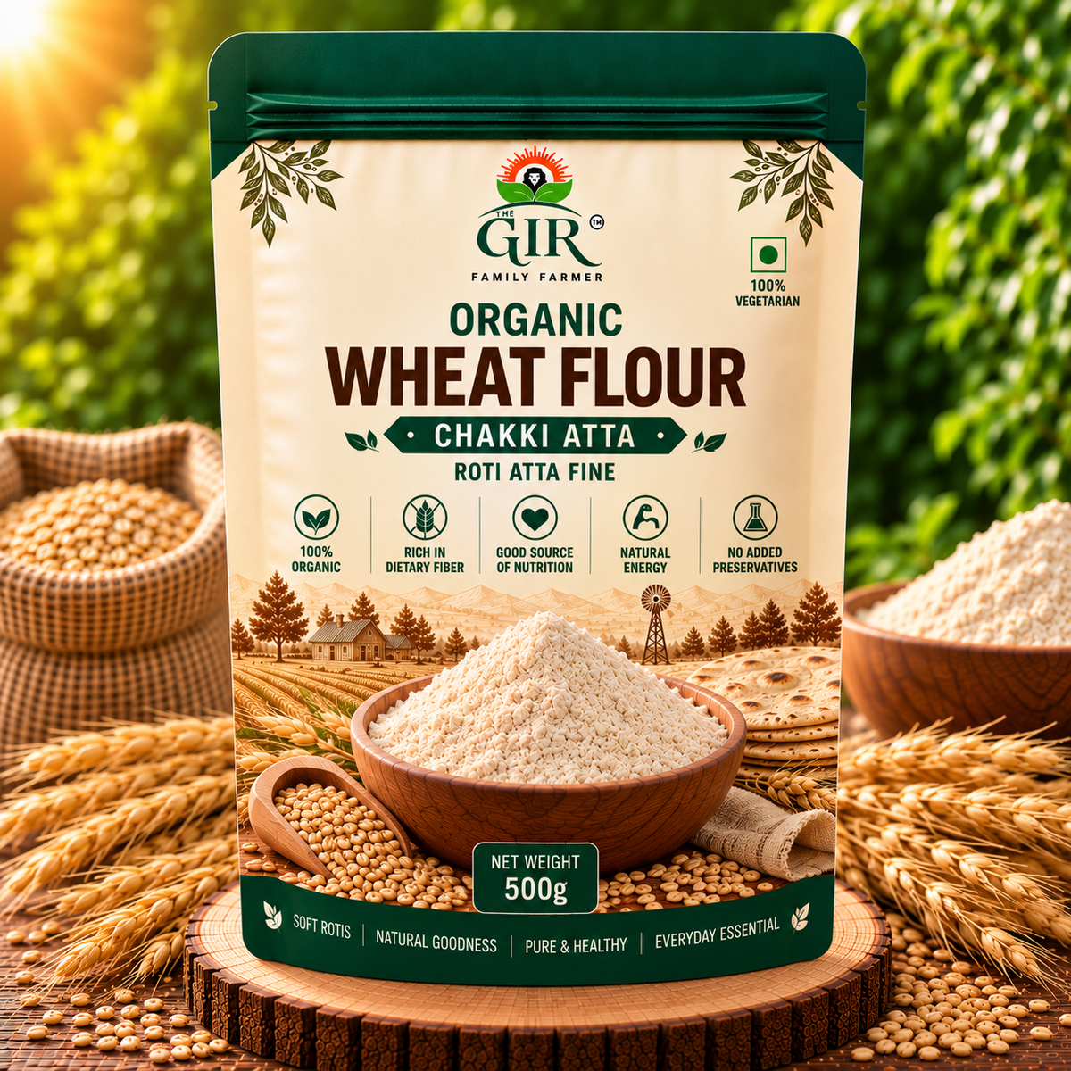 500g bag of THE GIR FARMER Organic Wheat Flour Chakki Atta for making healthy rotis and baked goods