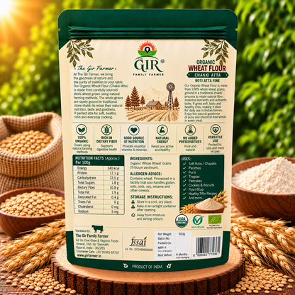 THE GIR FARMER Organic Wheat Flour in 500g packaging with nutrition facts and recipe tips, perfect for baking
