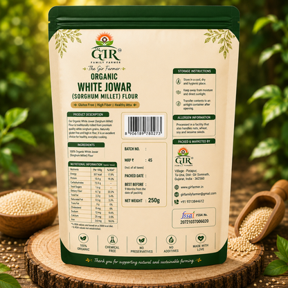 THE GIR FARMER Organic White Jowar Flour in a 250g package, perfect for gluten-free baking and cooking.