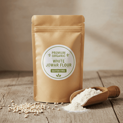 Organic White Jowar Flour in a brown eco-friendly pouch, gluten-free and ideal for healthy baking