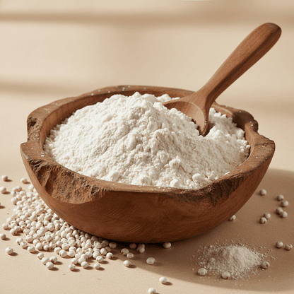 Organic White Jowar Flour in a wooden bowl with a spoon, perfect for healthy baking and cooking