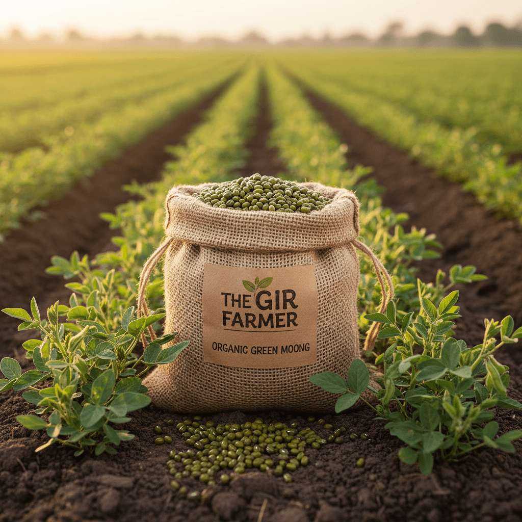 Sack of Organic Whole Moong from THE GIR FARMER, surrounded by lush green plants in a farmer's field
