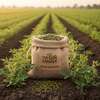 Sack of Organic Whole Moong from THE GIR FARMER, surrounded by lush green plants in a farmer's field
