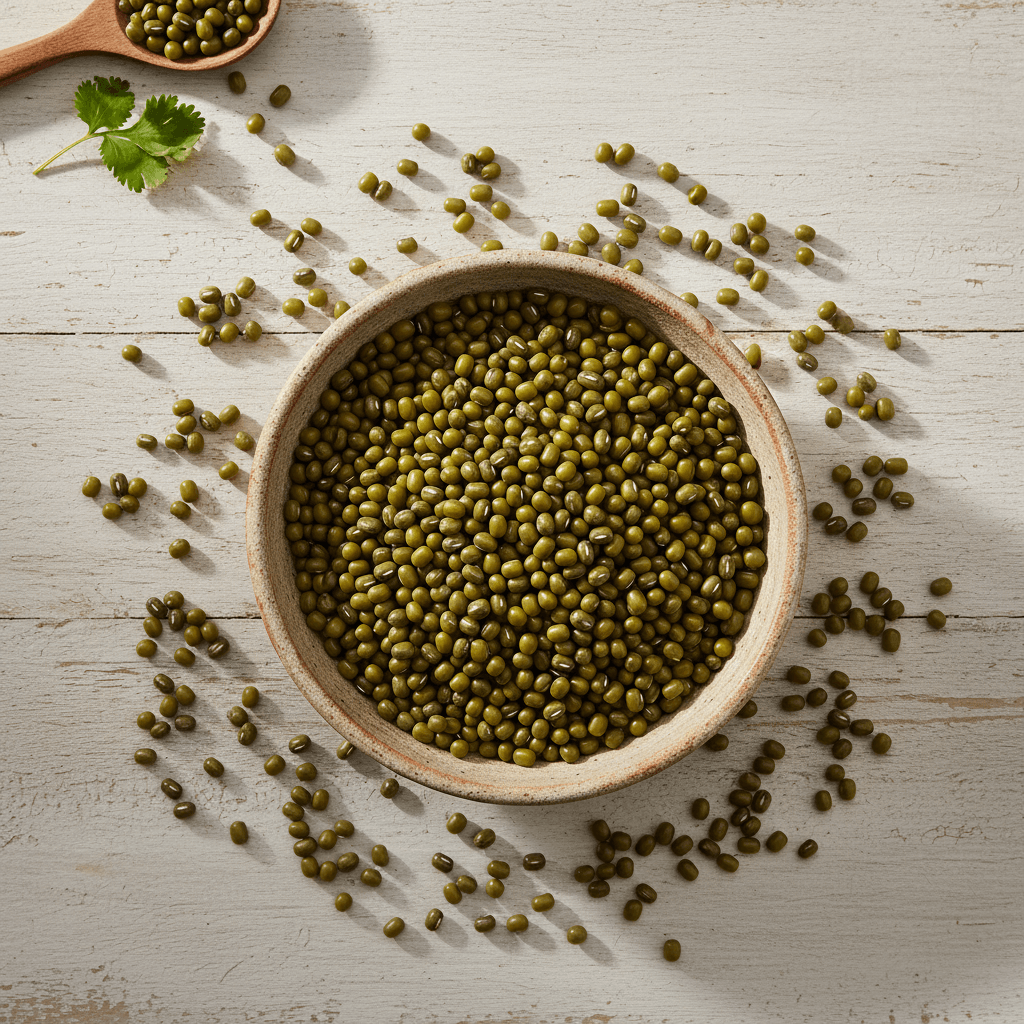 Natural green Organic Whole Moong in a ceramic bowl, perfect for healthy salads and cooking