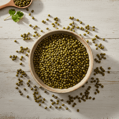 Natural green Organic Whole Moong in a ceramic bowl, perfect for healthy salads and cooking
