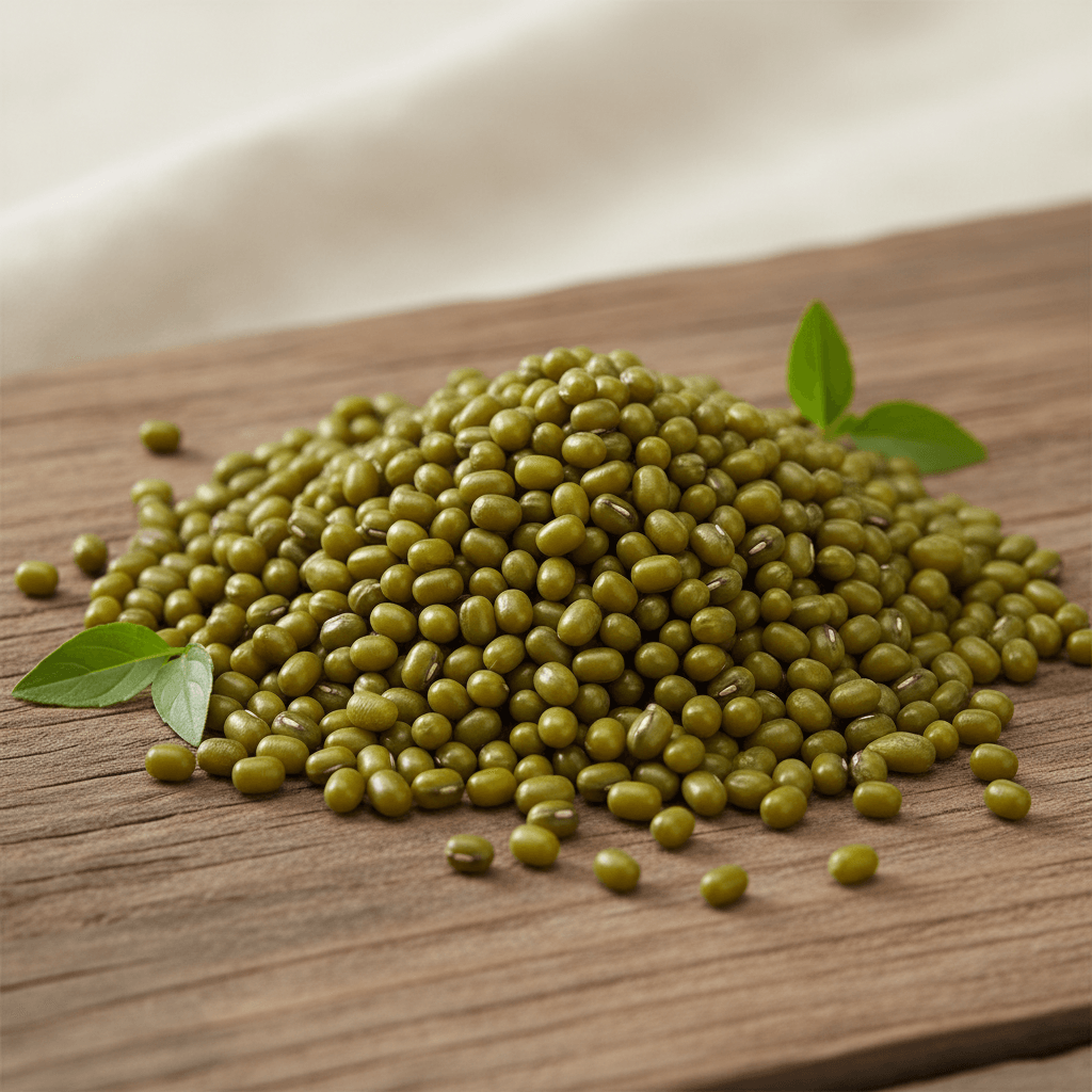 Organic Whole Moong Green Lentils Piled on Wooden Surface with Fresh Green Leaves for Healthy Cooking