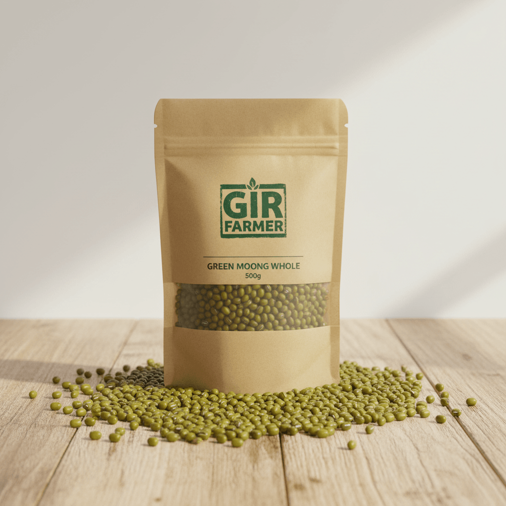 THE GIR FARMER Organic Whole Moong packed in a brown bag with green moong beans scattered