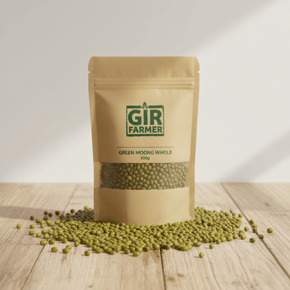THE GIR FARMER Organic Whole Moong packed in a brown bag with green moong beans scattered