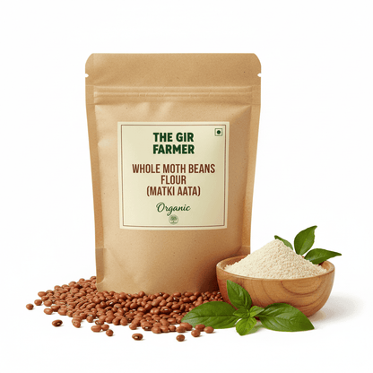 THE GIR FARMER Organic Whole Moth Flour in a brown packaging, ideal for healthy cooking and baking