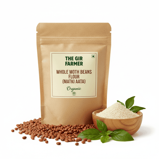 THE GIR FARMER Organic Whole Moth Flour in a brown packaging, ideal for healthy cooking and baking