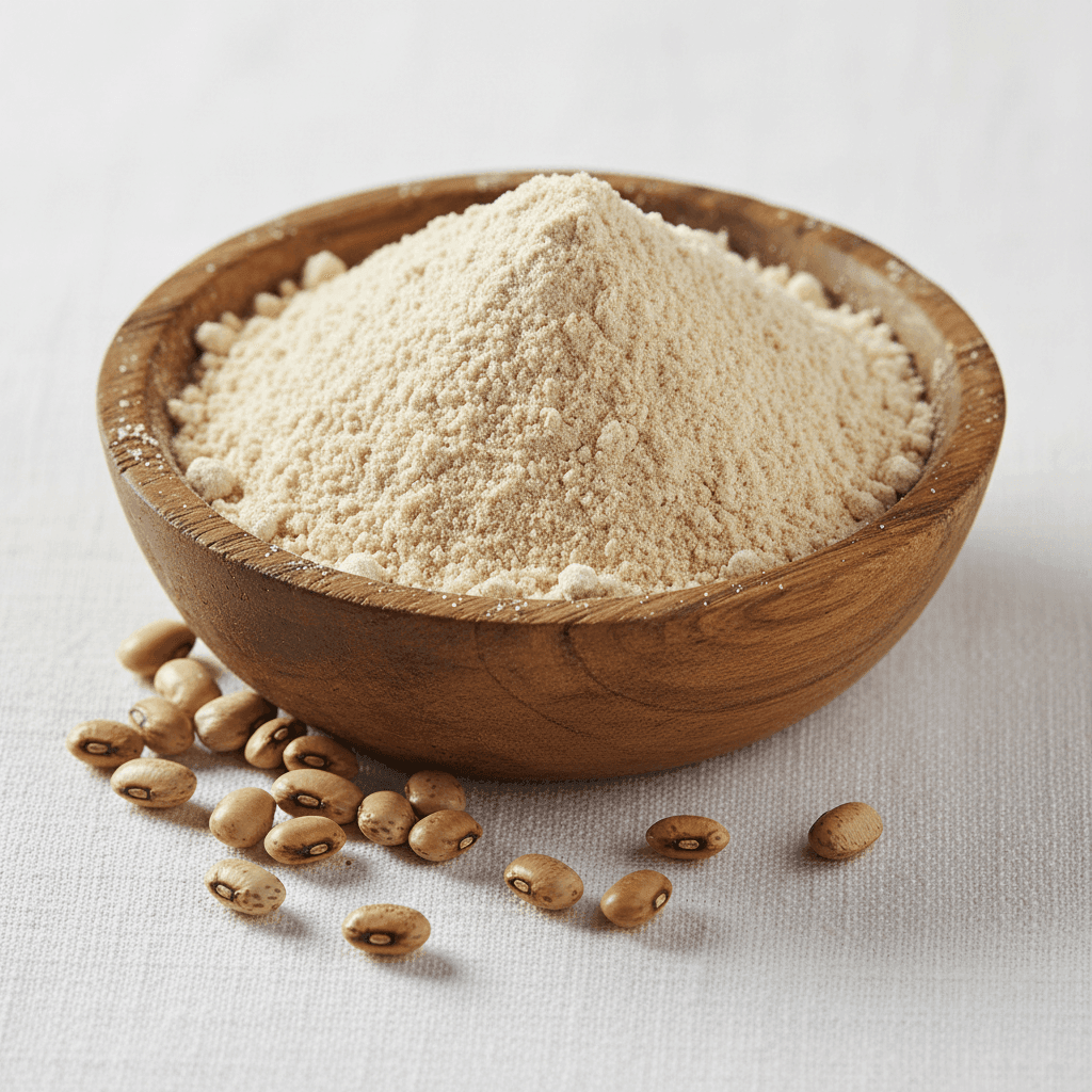 Organic Whole Moth Flour in a wooden bowl with raw moth beans, perfect for healthy baking