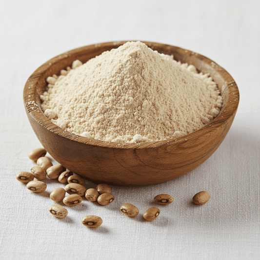 Organic Whole Moth Flour in a wooden bowl with raw moth beans, perfect for healthy baking