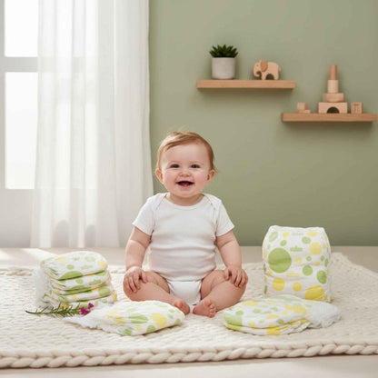 Happy baby sitting on a mat with stacks of organic XXL baby diapers in cheerful yellow and green patterns.
