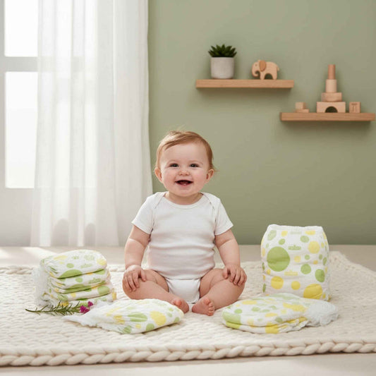 Happy baby sitting on a mat with stacks of organic XXL baby diapers in cheerful yellow and green patterns.