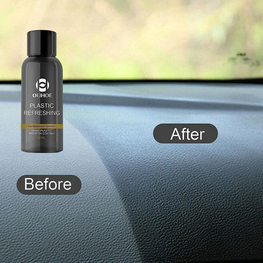 Before and after application of plastic revitalizing coating agent showing refreshed plastic surface
