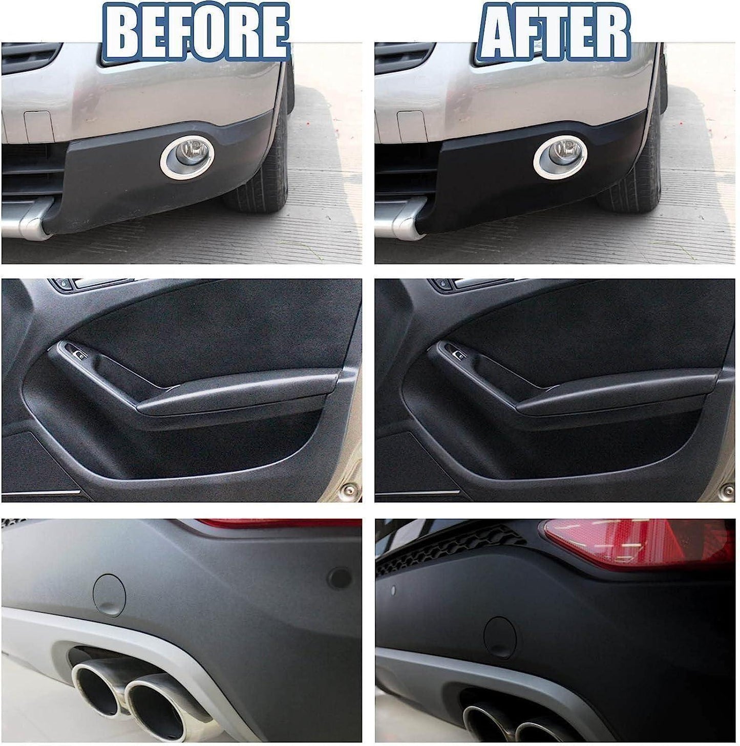 Before and after images showing car parts restored with plastic revitalizing coating agent for a renewed appearance