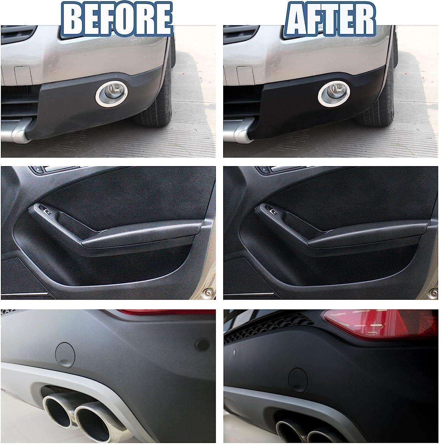 Before and after images showing car parts restored with plastic revitalizing coating agent for a renewed appearance