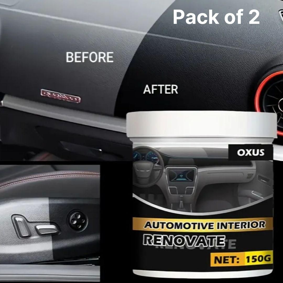Automotive interior cleaner pack of 2 displayed with before and after comparison on a car dashboard