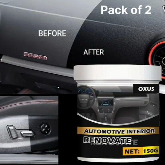 Automotive interior cleaner pack of 2 displayed with before and after comparison on a car dashboard