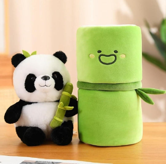 Adorable panda plush with bamboo, featuring a cute panda holding a bamboo stick next to a green plush bamboo