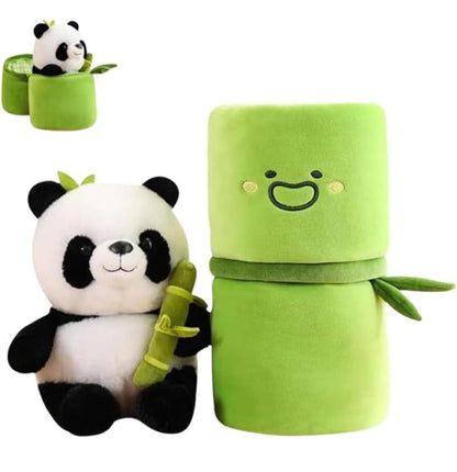 Adorable panda plush with bamboo beside a green storage container for kids' playtime fun