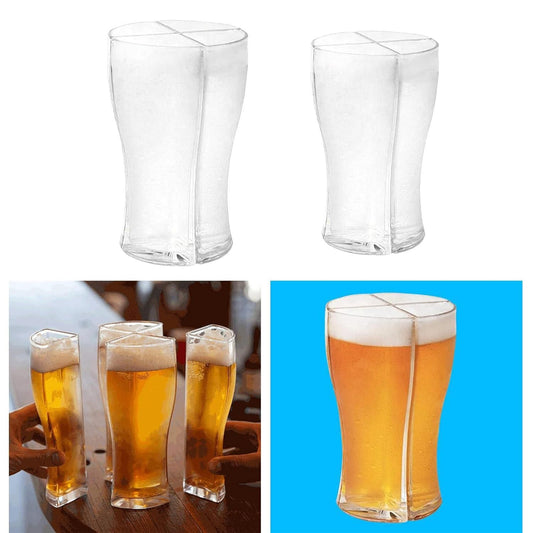 Clear double chamber plastic pint glass shown empty and filled illustrating beer splitter mug for sharing two pours