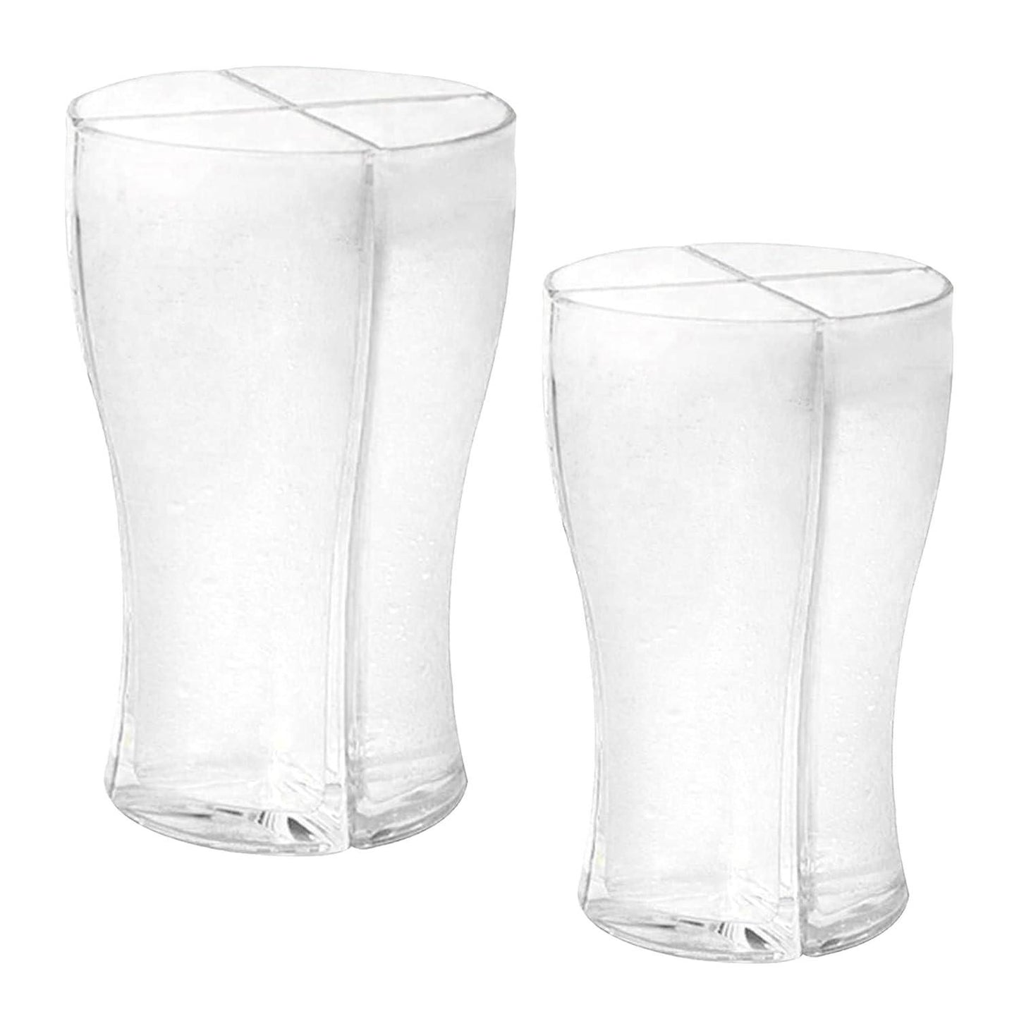 Two clear plastic beer splitter mug glasses with internal cross divider for sharing and portioned pours