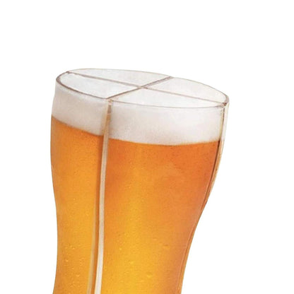 Clear plastic beer splitter mug with four divided channels and frothy beer visible in each section