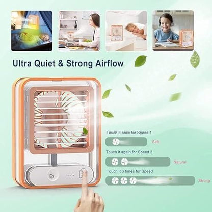 Portable personal cooling fan with water spray for soothing breeze and adjustable speed settings